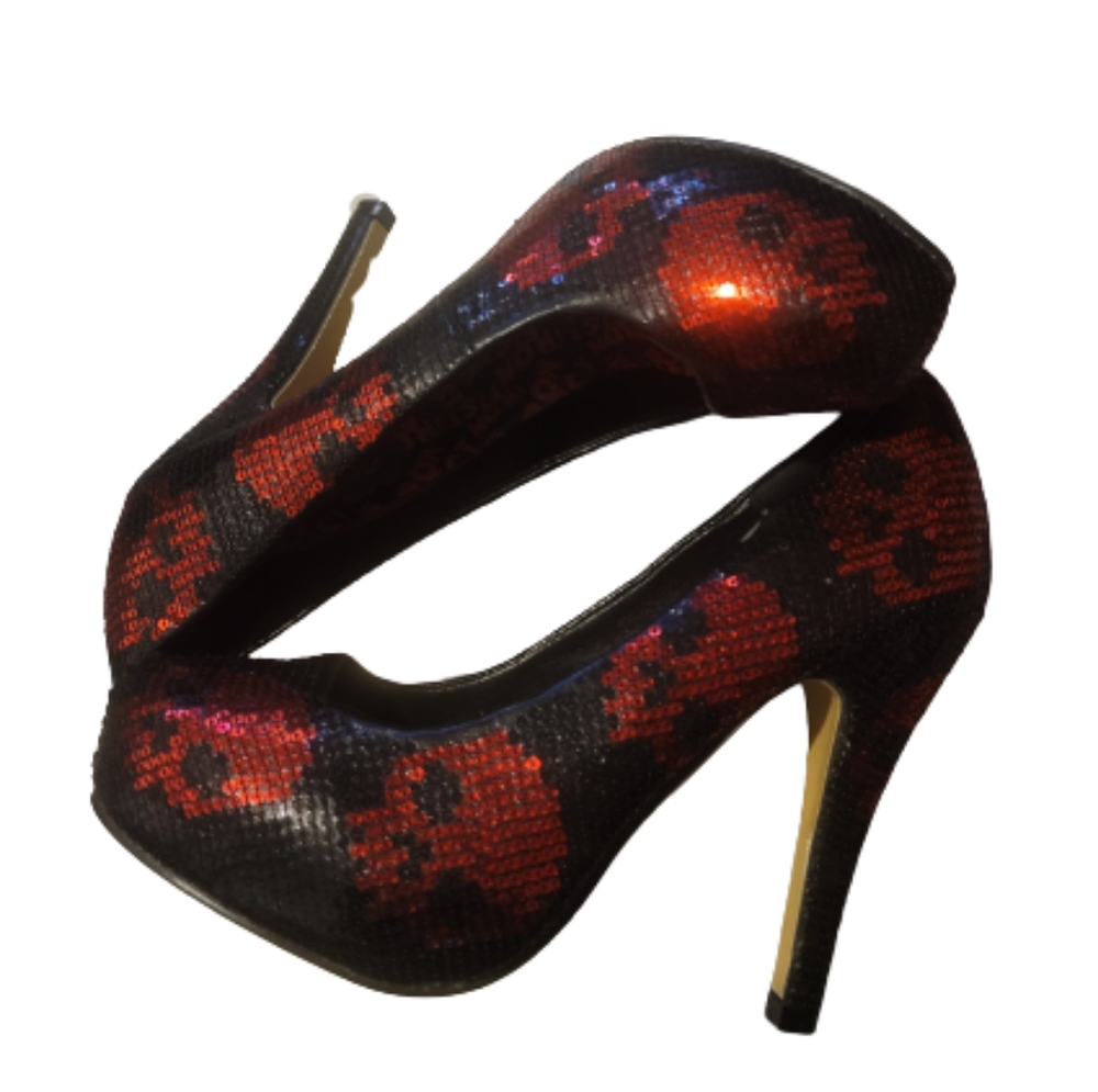 IRON FIST Heels stilettos skull black and red sequins.unique 39 8.5